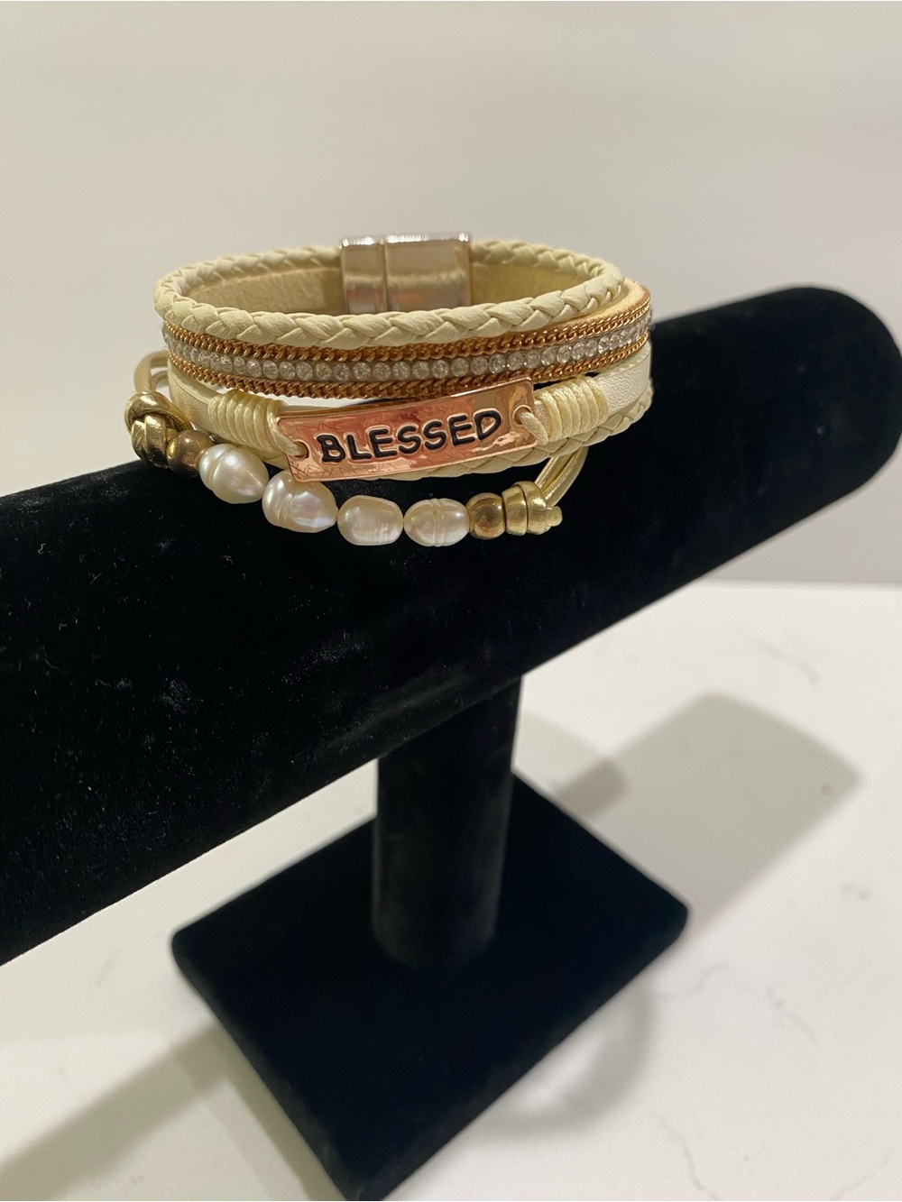 "Blessed" Multi-Strand Pearl & Leather Wrap Bracelet - Cream & Gold
